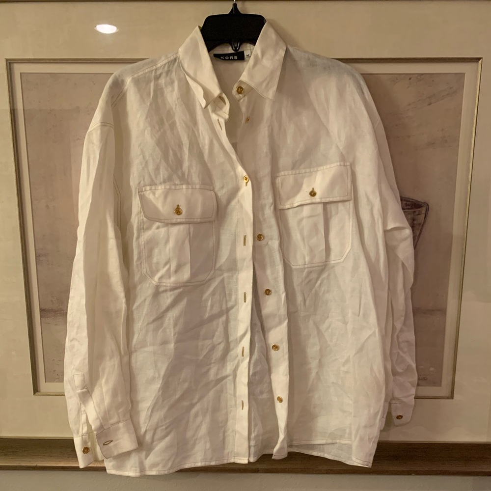 Michael Kors Ivory / White Linen made in Italy Shirt with gold colored buttons